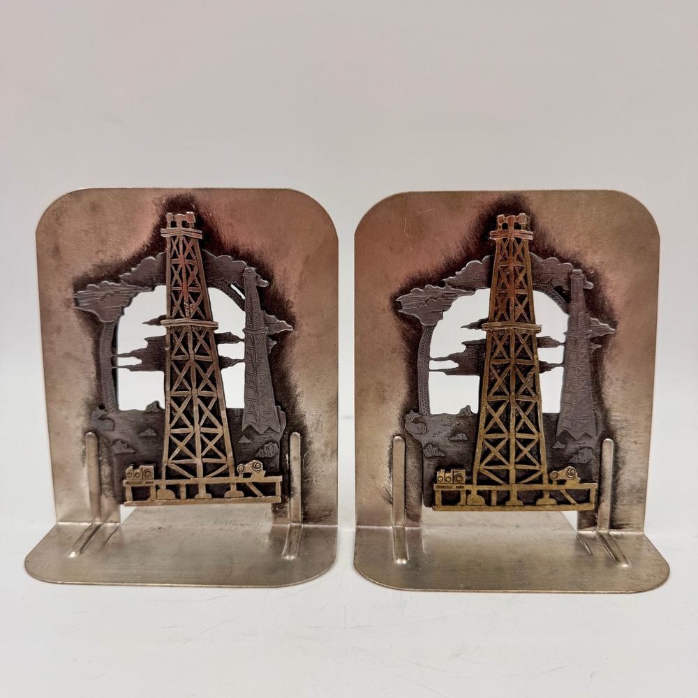 VTG 80s Metzke Pewter Oil Derrick Bookends Silver & Gold Accents USA Industrial
